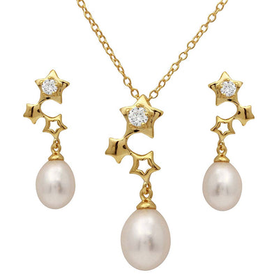 Sterling Silver Rhodium Plated Gold Plated Dangling Stars Set with Fresh Water Pearl With CZ  Stones