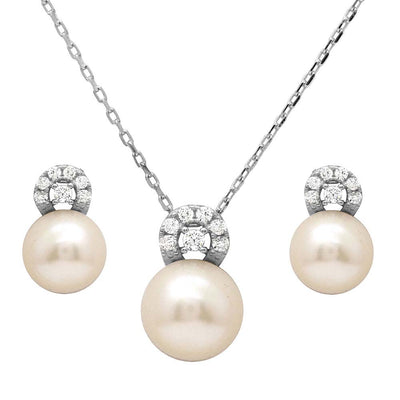Sterling Silver Rhodium Plated Fresh Water Pearl with CZ Stones Sets With CZ  Stones