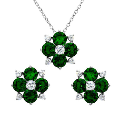 Sterling Silver Rhodium Plated Green Flower CZ Sets