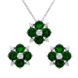 Sterling Silver Rhodium Plated Green Flower CZ Sets