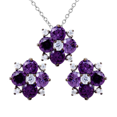 Sterling Silver Rhodium Plated Purple Flower CZ Sets