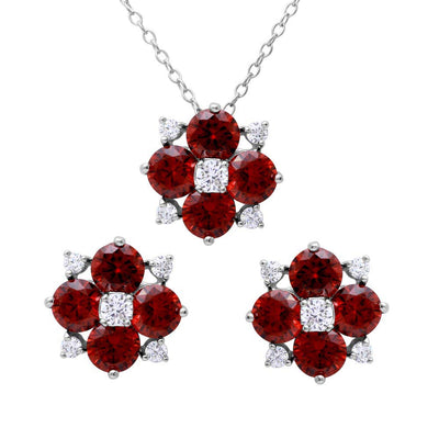 Sterling Silver Rhodium Plated Red Flower CZ Sets