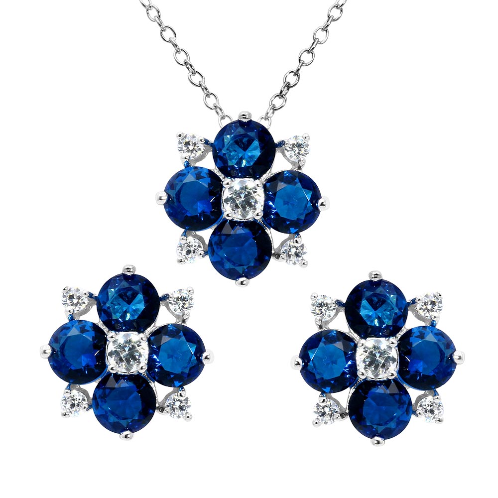 Sterling Silver Rhodium Plated Blue Flower CZ Sets