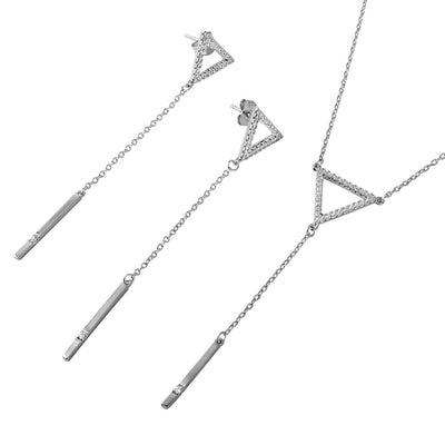 Sterling Silver Rhodium Plated Open Triangle with Dropped Bar and CZ Matching Set