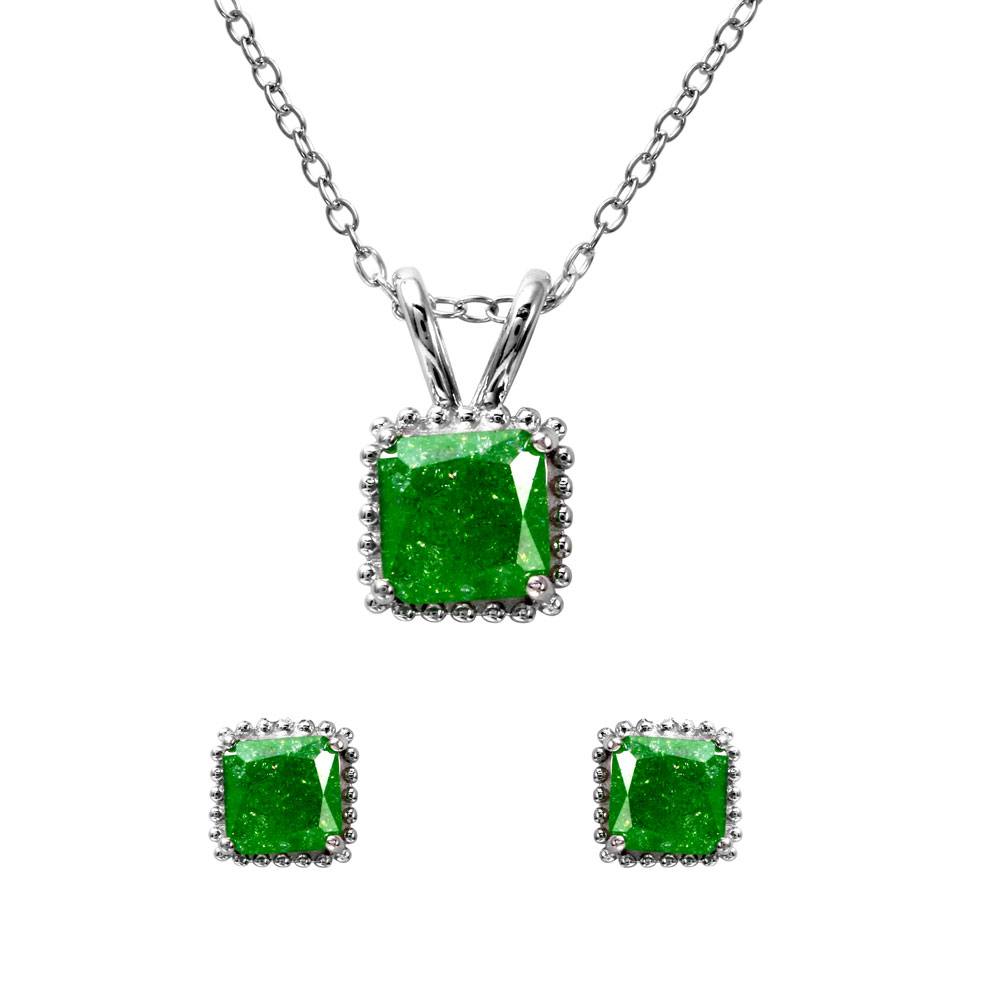 Sterling Silver Rhodium Plated Square Green Opal Set