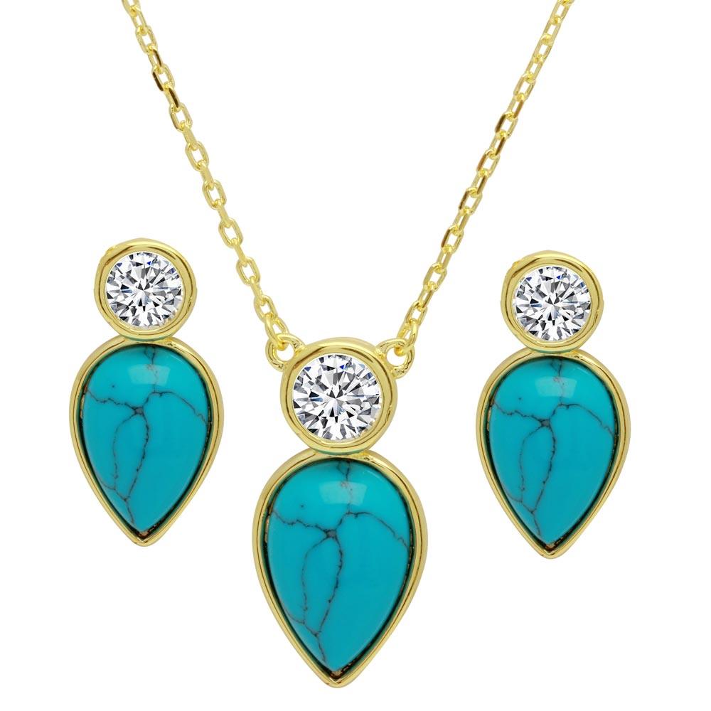 Sterling Silver Gold Plated Round CZ with Hanging Pear Turquoise Set