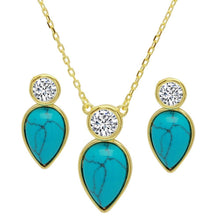 Load image into Gallery viewer, Sterling Silver Gold Plated Round CZ with Hanging Pear Turquoise Set