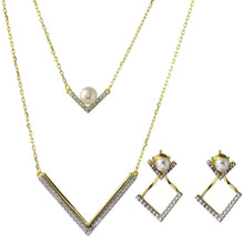 Load image into Gallery viewer, Sterling Silver Gold Plated Double Strand V-Shaped Set with Fresh Water Pearl and CZ