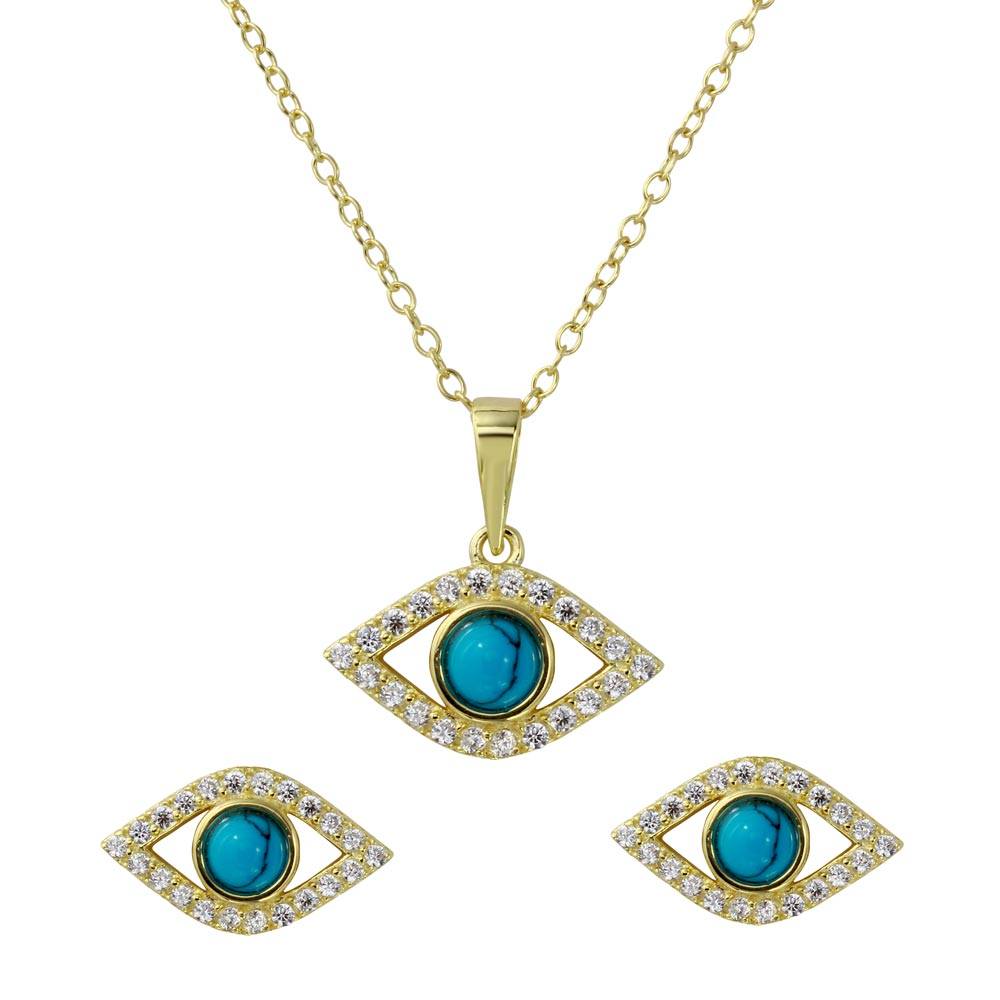 Sterling Silver Gold Plated Evil Eye Set with Turquoise Bead and CZ Necklace