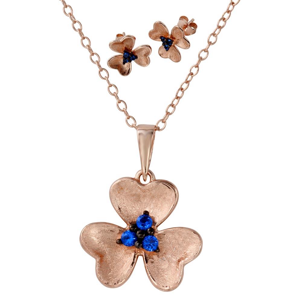 Sterling Silver Rose Gold and Black Rhodium Plated Flower Set with Matte Finish and Blue CZ