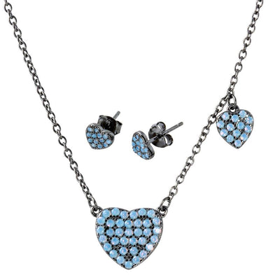 Sterling Silver Black Rhodium Plated Light Blue Opal Heart Set