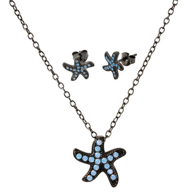 Sterling Silver Black Rhodium Plated Light Blue Opal Starfish Set