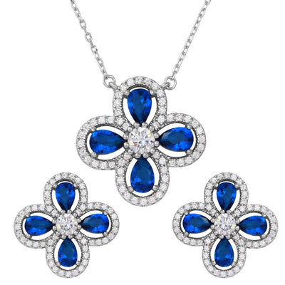 Sterling Silver Rhodium Plated 4 Leaf Clover Blue Teardrop Round CZ Set