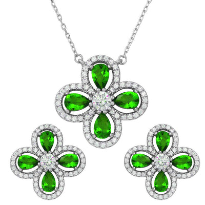 Sterling Silver Rhodium Plated 4 Leaf Clover Green Teardrop Round CZ Set