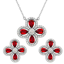 Load image into Gallery viewer, Sterling Silver Rhodium Plated 4 Leaf Clover Red Teardrop Round CZ Set