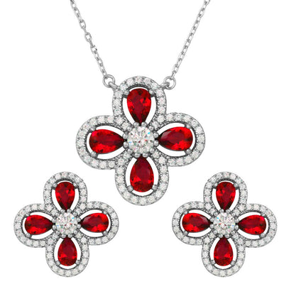 Sterling Silver Rhodium Plated 4 Leaf Clover Red Teardrop Round CZ Set