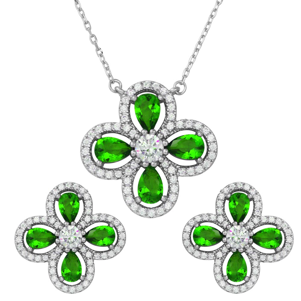 Sterling Silver Rhodium Plated 4 Leaf Clover with Green Teardrop and Clear Round CZ