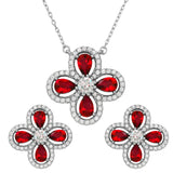 Sterling Silver Rhodium Plated 4 Leaf Clover with Red Teardrop and Clear Round CZ