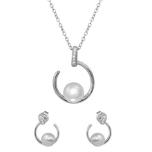 Load image into Gallery viewer, Sterling Silver Rhodium Plated Open CZ Circle With Fresh Water Pearl Set