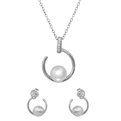 Sterling Silver Rhodium Plated Open CZ Circle With Fresh Water Pearl Set