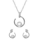 Sterling Silver Rhodium Plated Open CZ Circle With Fresh Water Pearl Set