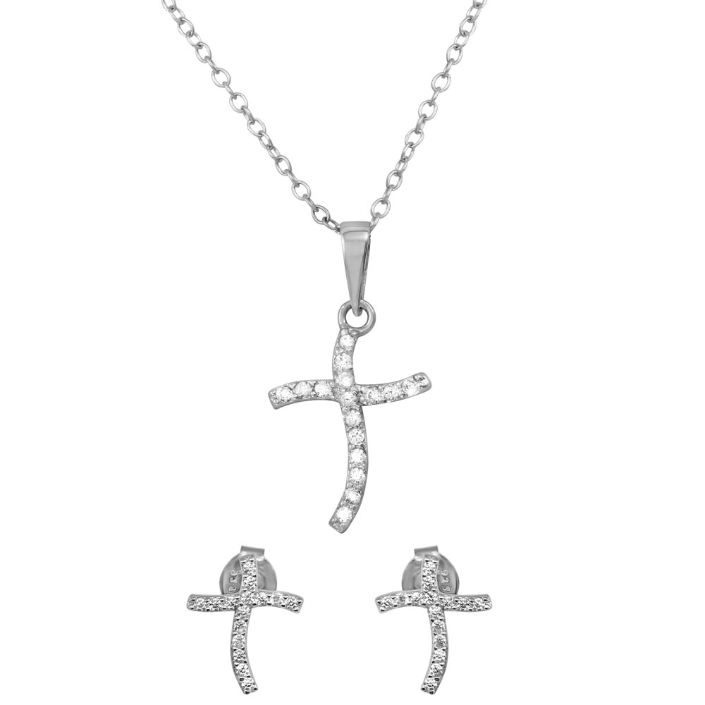 Sterling Silver Rhodium Plated Wavy CZ Cross Set