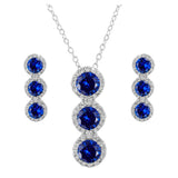 Sterling Silver Rhodium Plated 3 Blue Stone CZ Stud Earring and Necklace Set