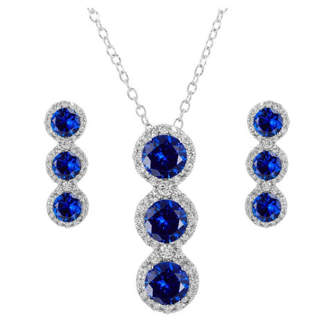 Sterling Silver Rhodium Plated 3 Blue Stone CZ Stud Earring and Necklace Set