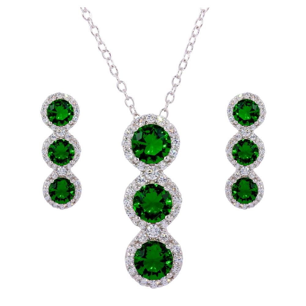 Sterling Silver Rhodium Plated 3 Green Stone CZ Stud Earring and Necklace Set