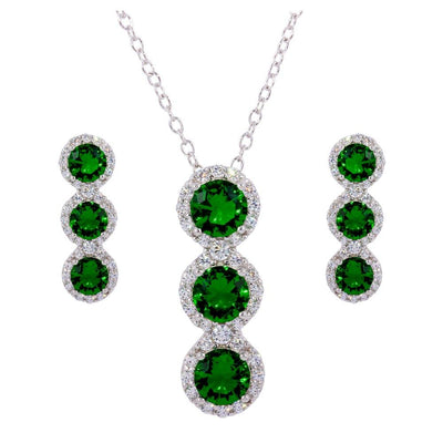 Sterling Silver Rhodium Plated 3 Green Stone CZ Stud Earring and Necklace Set