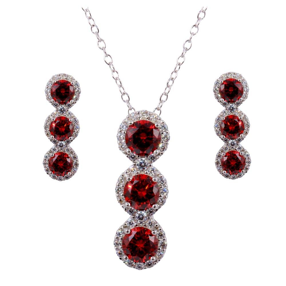 Sterling Silver Rhodium Plated 3 Red Stone CZ Stud Earring and Necklace Set