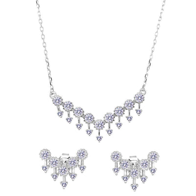 Sterling Silver Rhodium Plated V Arrows Set with CZ Necklace