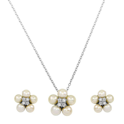 Sterling Silver Rhodium Plated CZ Fresh Water Flower Pearl Set