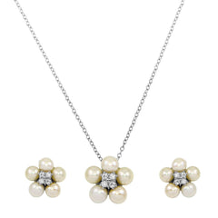 Sterling Silver Rhodium Plated CZ Fresh Water Flower Pearl Set