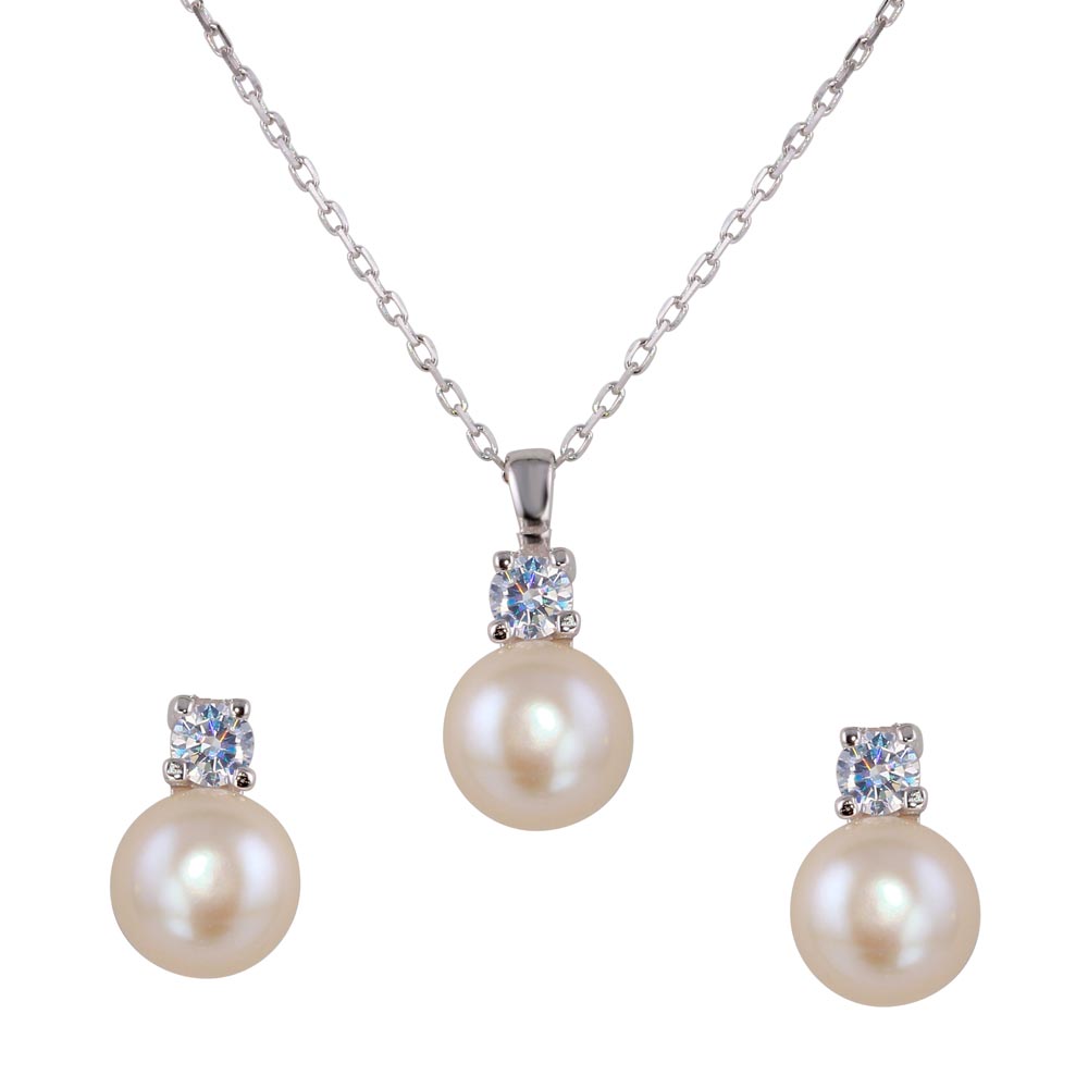 Sterling Silver Rhodium Plated Synthetic Pearl Earring and Necklace Set with CZ