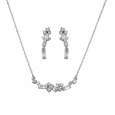 Sterling Silver Rhodium Plated CZ and Baguette Stone Necklace and Earrings Set