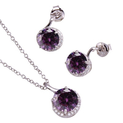 Sterling Silver Rhodium Plated Purple CZ Earring and Necklace Set
