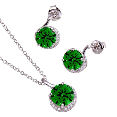 Sterling Silver Rhodium Plated Green CZ Earring and Necklace Set