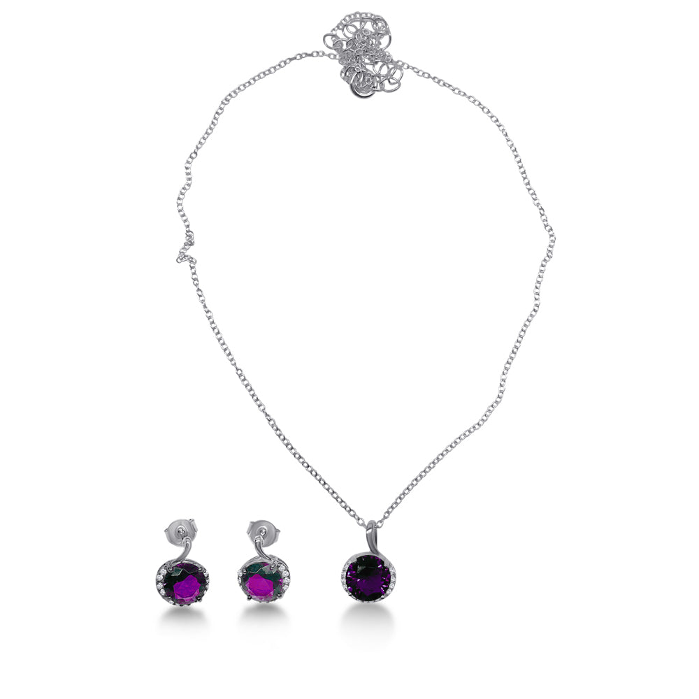 Sterling Silver Rhodium Plated Purple CZ Earring and Necklace Set