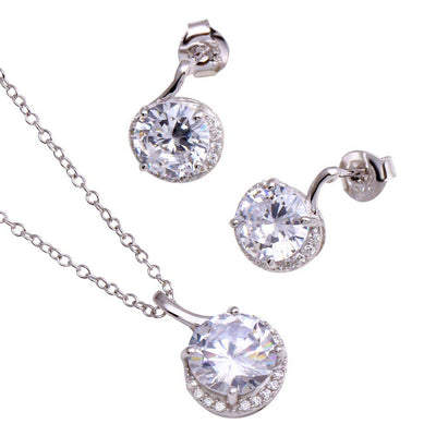 Sterling Silver Rhodium Plated Clear CZ Earring and Necklace Set