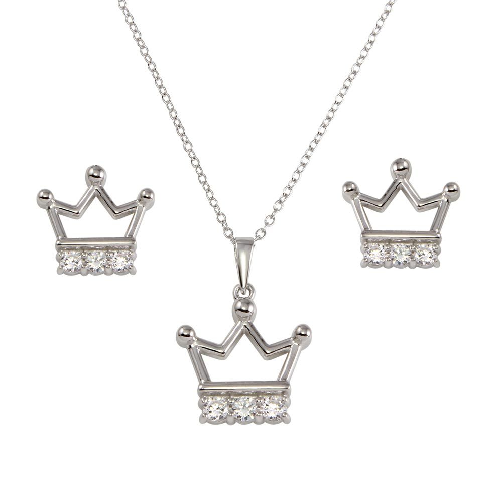 Sterling Silver Rhodium Plated Crown Necklace And Earrings Set With CZ Stones