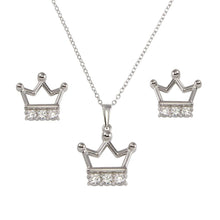 Load image into Gallery viewer, Sterling Silver Rhodium Plated Crown Necklace And Earrings Set With CZ Stones