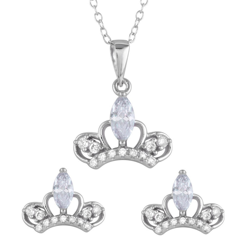 Sterling Silver Rhodium Plated Clear CZ Crown Earrings and Necklace Set