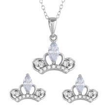 Load image into Gallery viewer, Sterling Silver Rhodium Plated Clear CZ Crown Earrings and Necklace Set