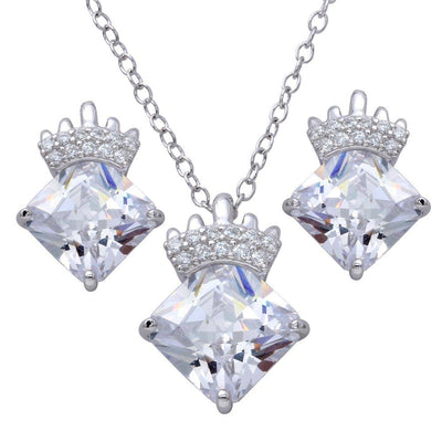 Sterling Silver Rhodium Plated CZ Stone with Crown Pendant Necklace and Earrings Set