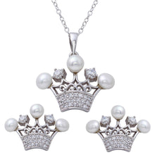 Load image into Gallery viewer, Sterling Silver Rhodium Plated CZ Crown Pendant and Earrings Set with Synthetic Pearls