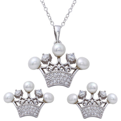 Sterling Silver Rhodium Plated CZ Crown Pendant and Earrings Set with Synthetic Pearls