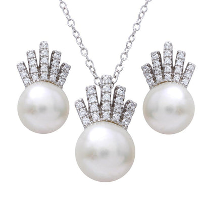 Sterling Silver Rhodium Plated Synthetic Pearl with CZ Crown Pendant Necklace and Earrings Set