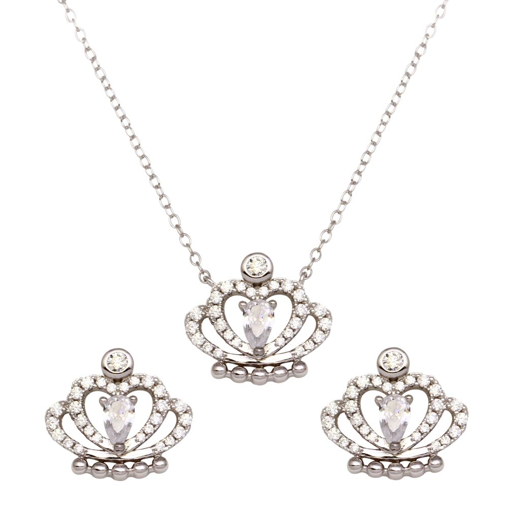 Sterling Silver Rhodium Plated Clear CZ Crown Necklace and Earrings