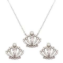 Sterling Silver Rhodium Plated Clear CZ Crown Necklace and Earrings